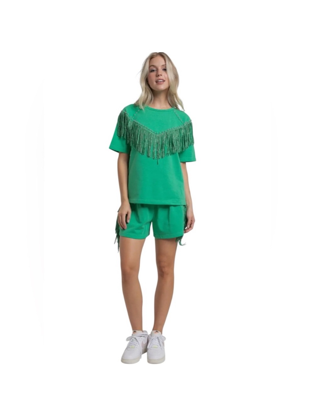 NEW blue b Green Rhinestone Fringe Trim Comfy Western Terry T-shirt & Short Set